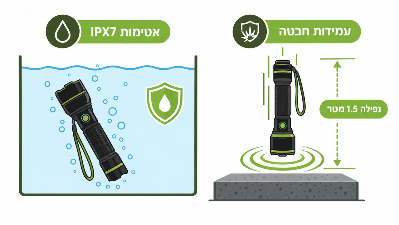 איור של פנס סיור בטבילה במים ובנפילה מגובה של מטר וחצי על בטון