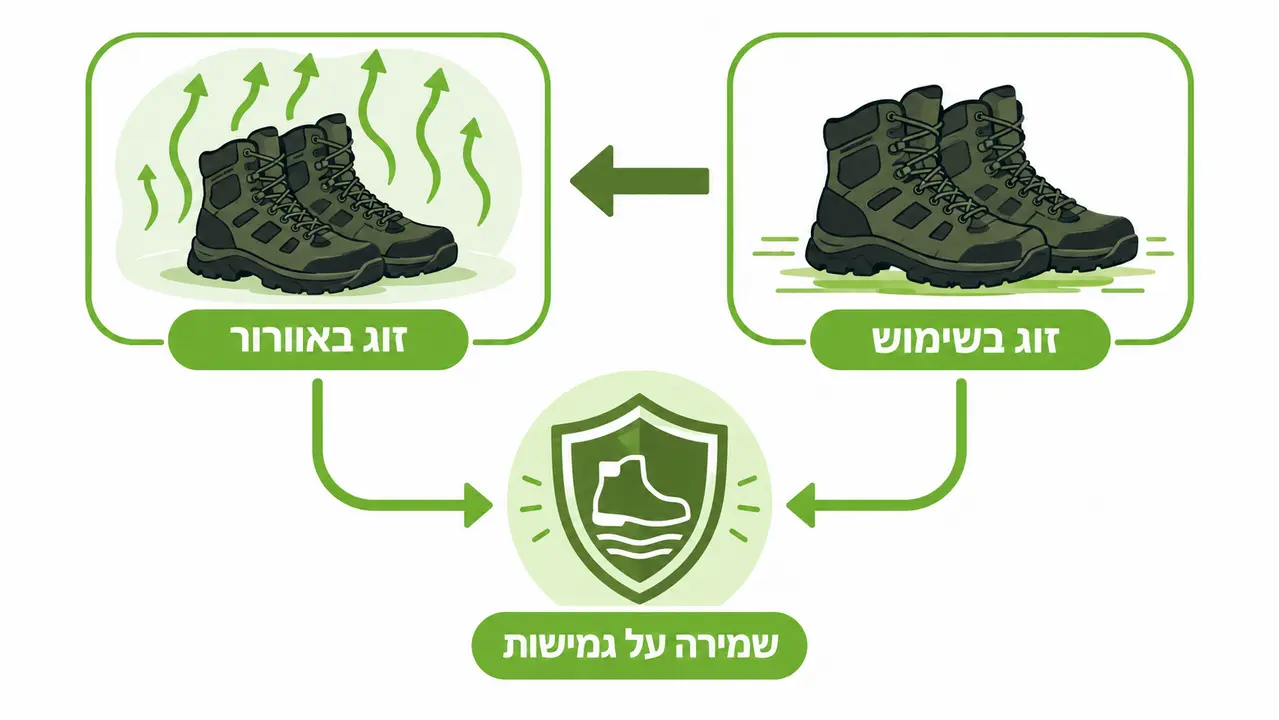 שני זוגות נעליים בסבב, זוג בשימוש וזוג שמתאוורר