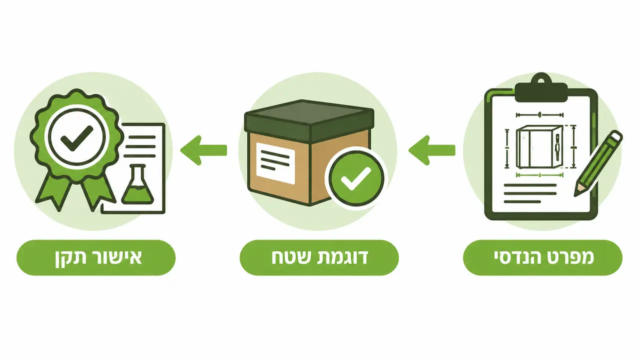 איור של מפרט הנדסי, דוגמת שטח ואישור תקן בתיק הטכני למכרז