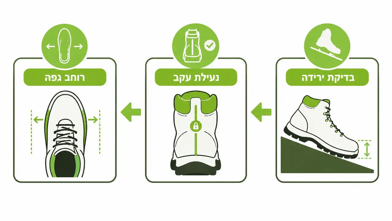בדיקת ירידה, נעילת עקב ורוחב גפה במדידת נעל טקטית