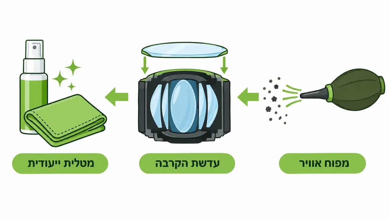 מפוח אוויר, עדשת הקרבה ומטלית לניקוי ציפוי העדשות