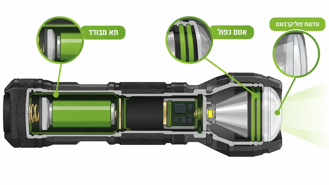 פנס בחתך עם עדשת פוליקרבונט, אטם גומי כפול ותא סוללה מבודד