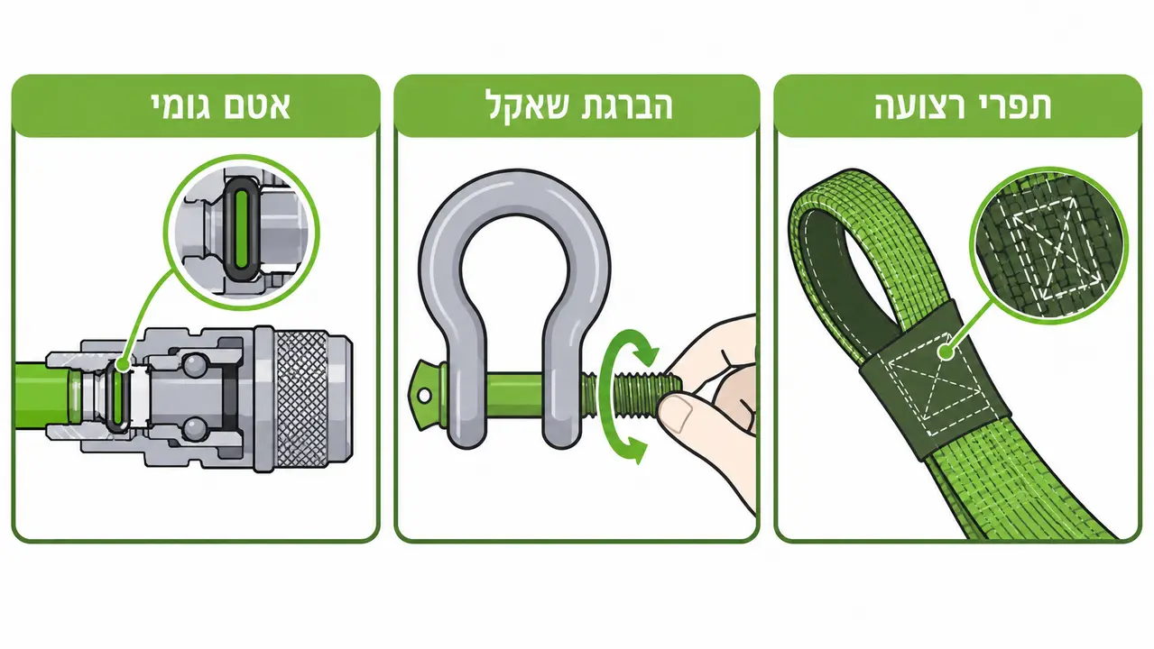 איור של שלוש בדיקות מהירות, תפרי הרצועה, הברגת השאקל ואטם הגומי במחבר האוויר