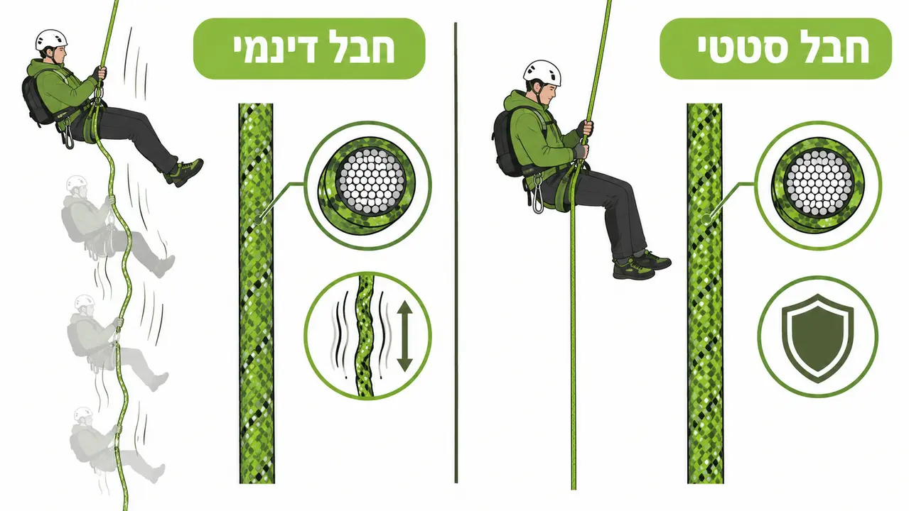 איור שמשווה בין גלישה על חבל סטטי לגלישה על חבל דינמי