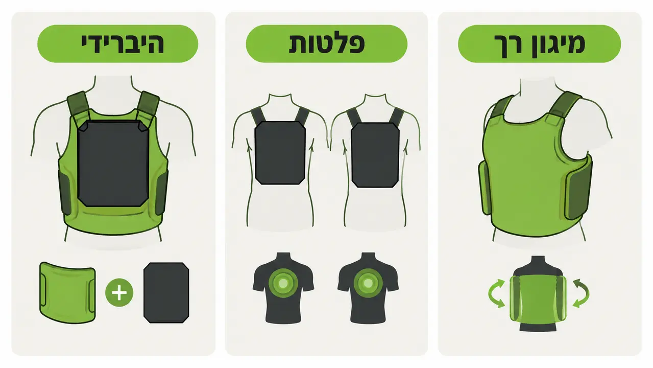 איור השוואה בין מיגון רך, פלטות קשיחות ומיגון היברידי על פלג גוף עליון