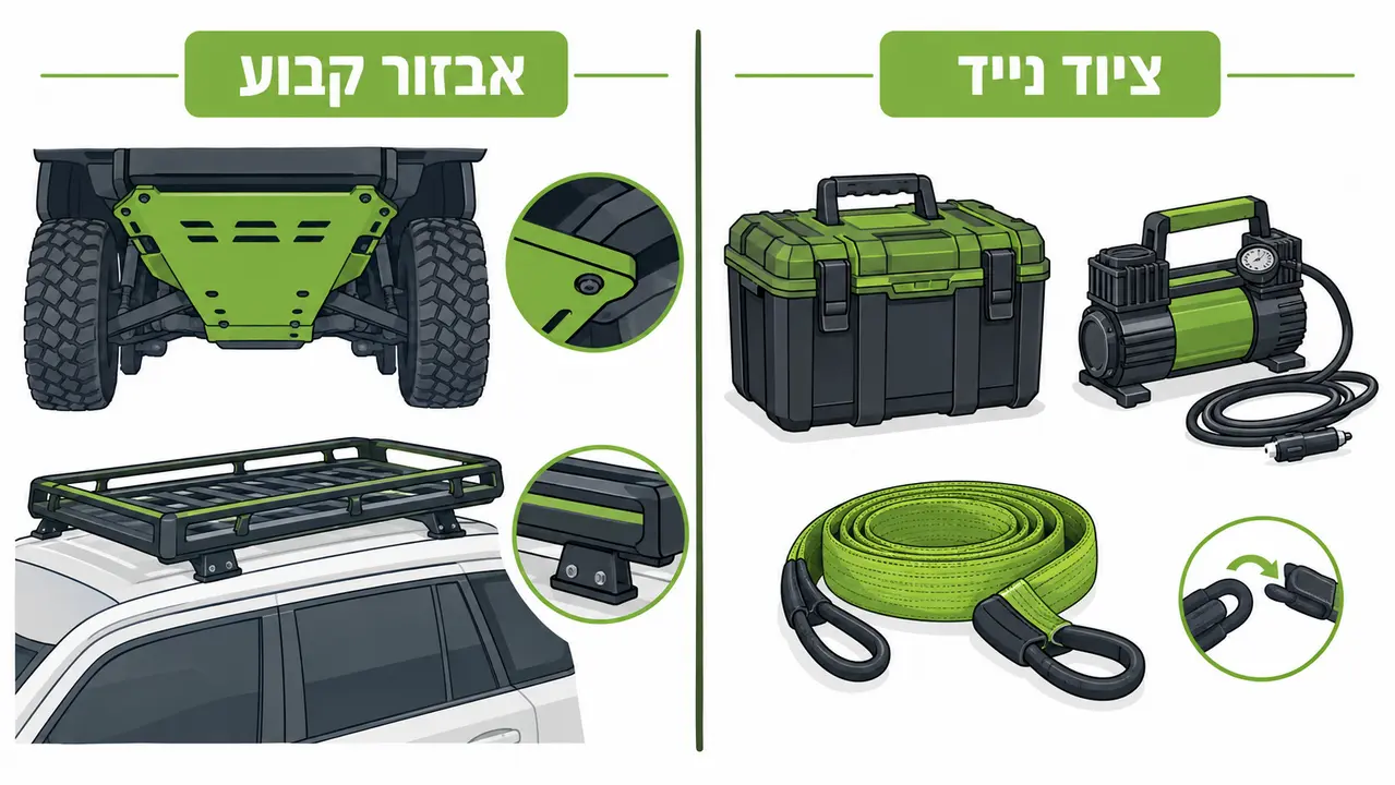 איור של ציוד נייד (ארגז כלים, מדחס ורצועת חילוץ) מול אבזור קבוע (מיגון גחון וגגון)