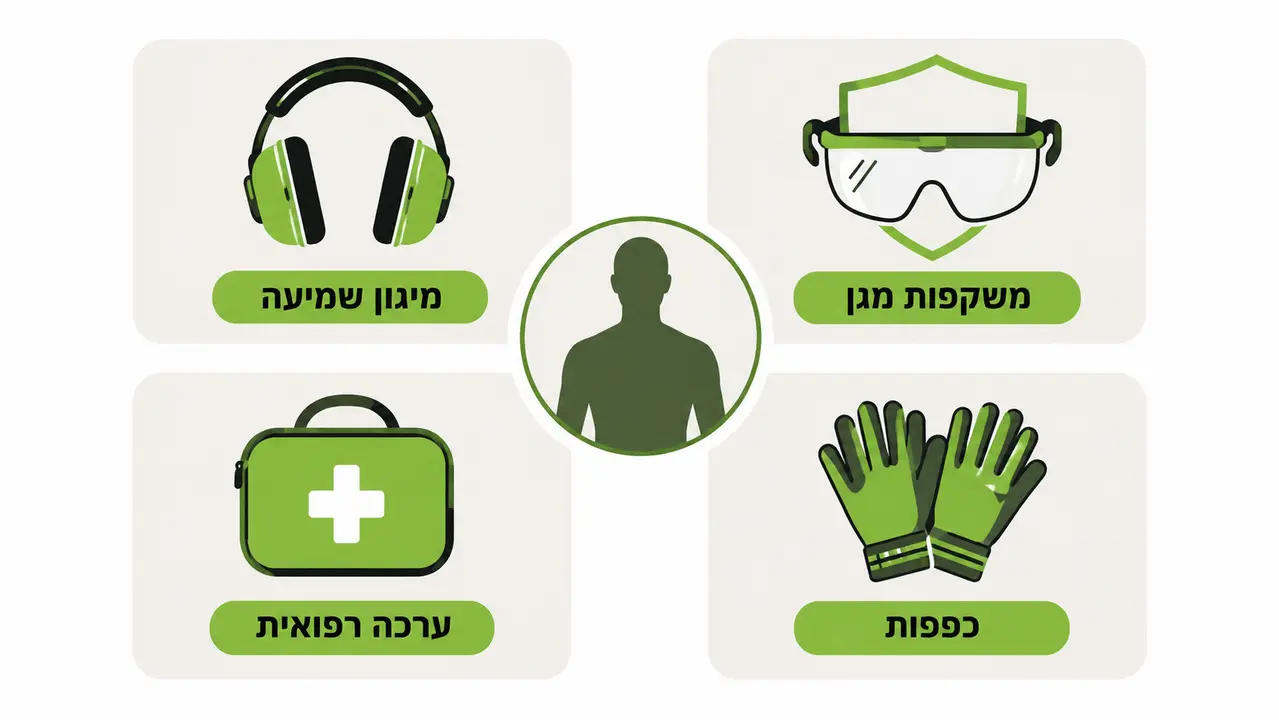 איור של משקפות מגן, מגני שמיעה, כפפות וערכה רפואית סביב צללית אדם