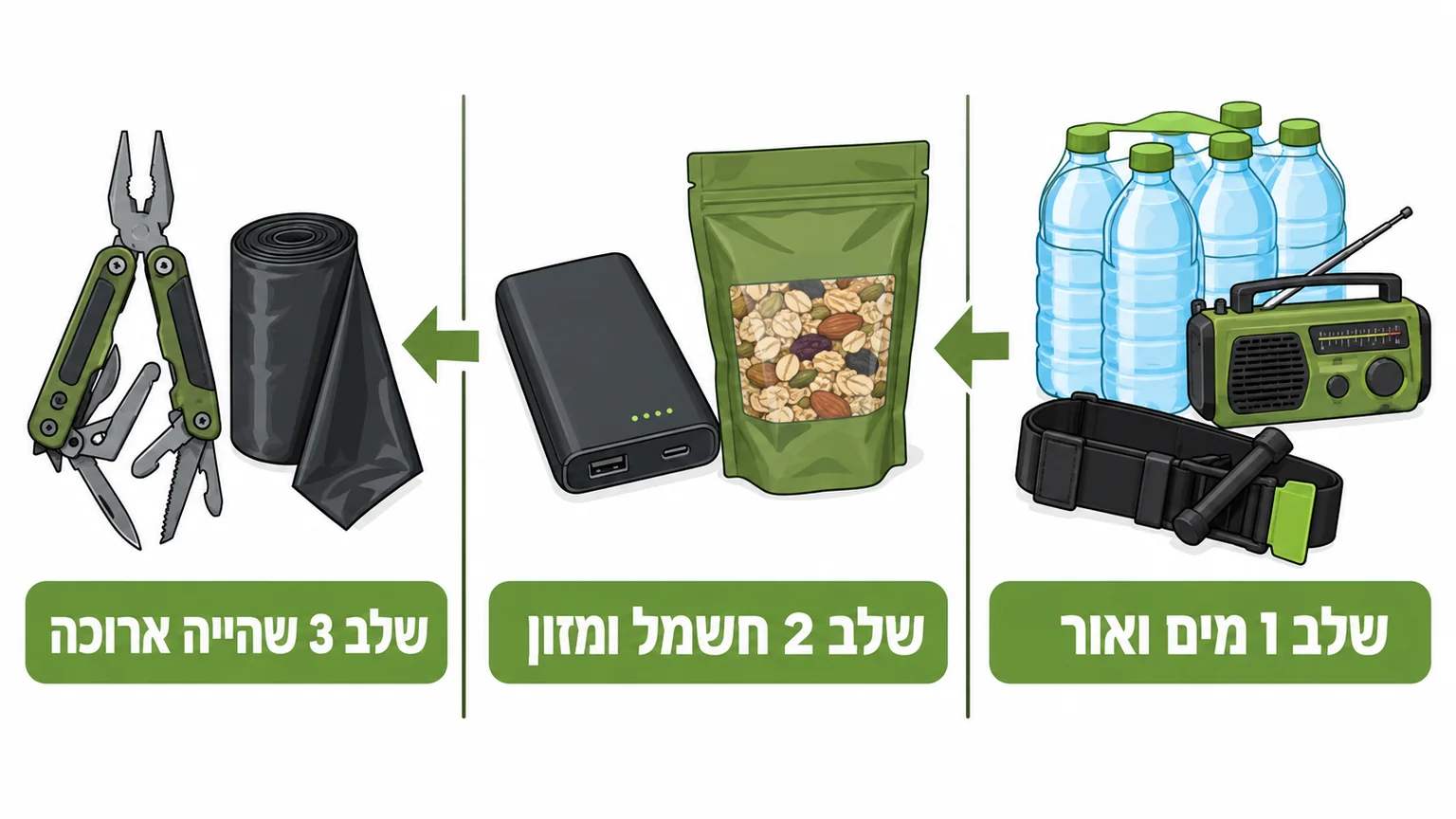 שלושה שלבים בקניית ציוד חירום, מים ורדיו עם חוסם עורקים, סוללת גיבוי ומזון יבש, ואז כלי רב שימושי ושקיות אשפה