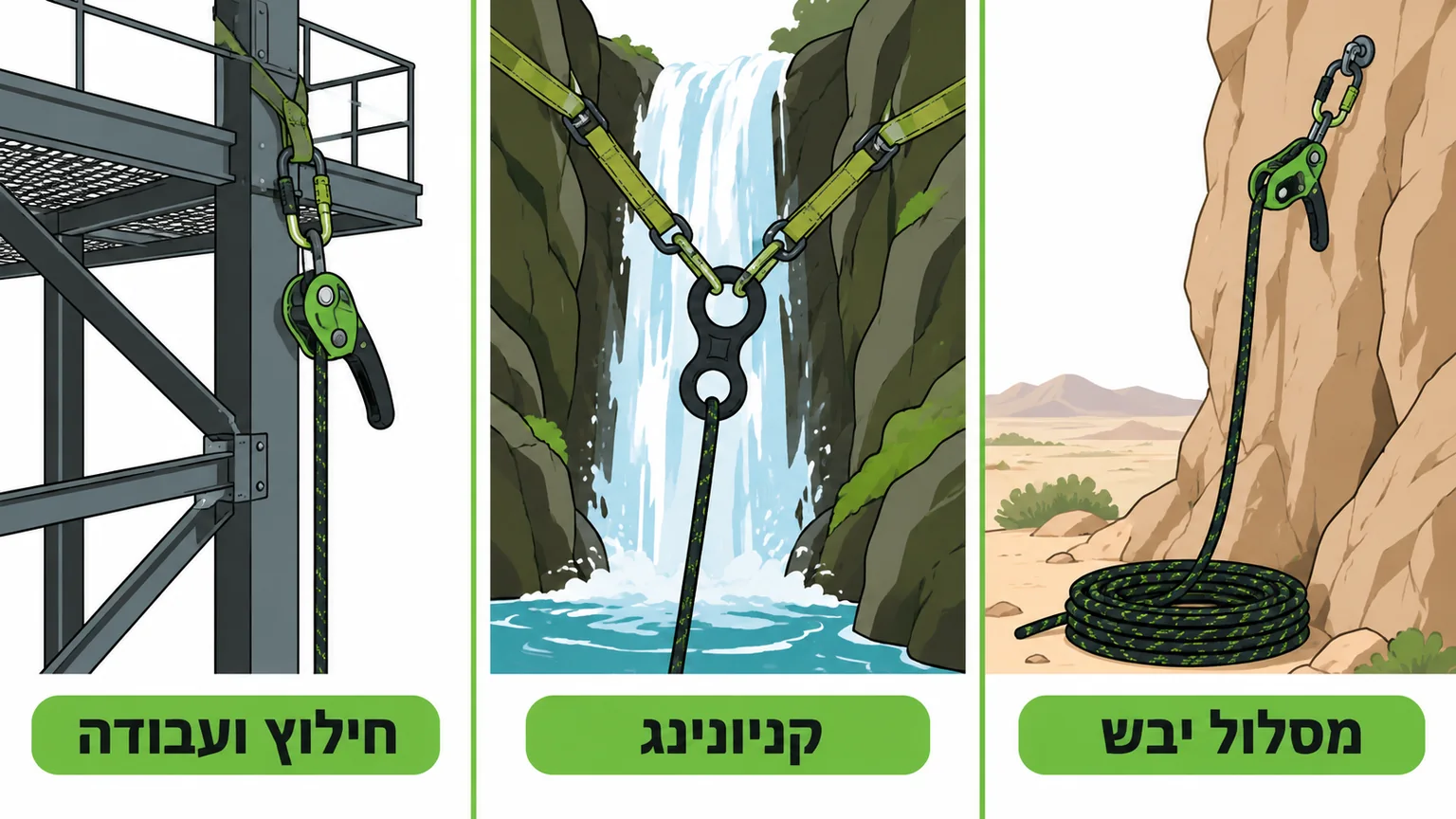 שלושה תרחישי גלישה, מצוק יבש, קניונינג במפל וחילוץ ועבודה על מבנה פלדה