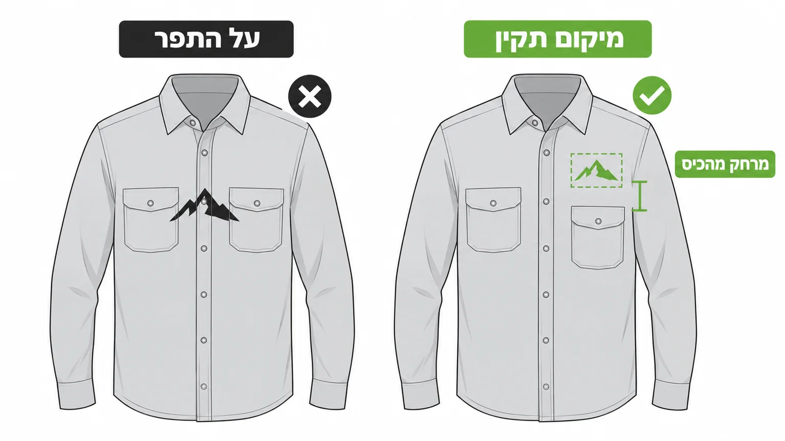 שתי חולצות עבודה, הדפס שמרוחק מהכיס במיקום תקין מול הדפס שחוצה את התפר